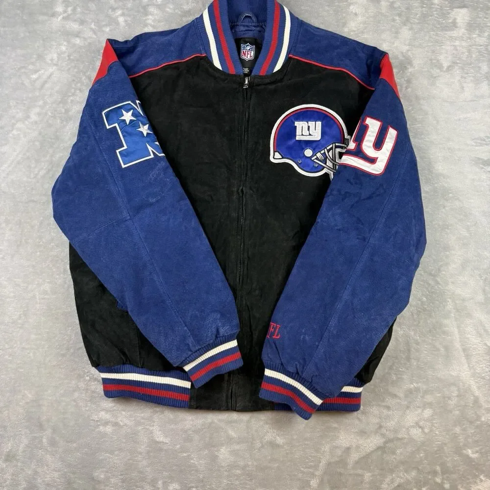 Vintage New York Giants Suede Leather Jacket XL NFL Team Apparel Full Zip Y2K